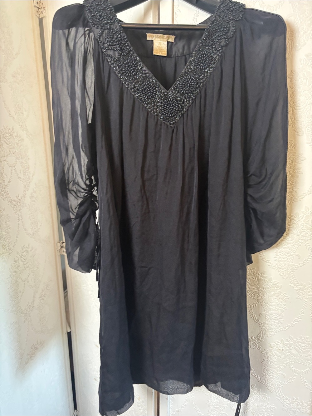 Beaded V-Neck Black Mini Dress